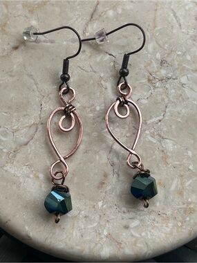 Handcrafted Rose Gold Wire Loop Earrings with Iridescent Blue-Green faceted Bead